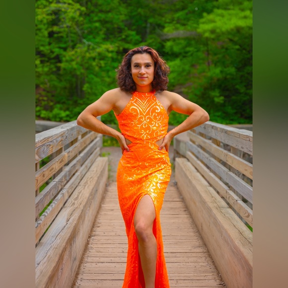Windsor Orange High Neck Asymmetrical Slit Bodycon Dress - Picture 1 of 8